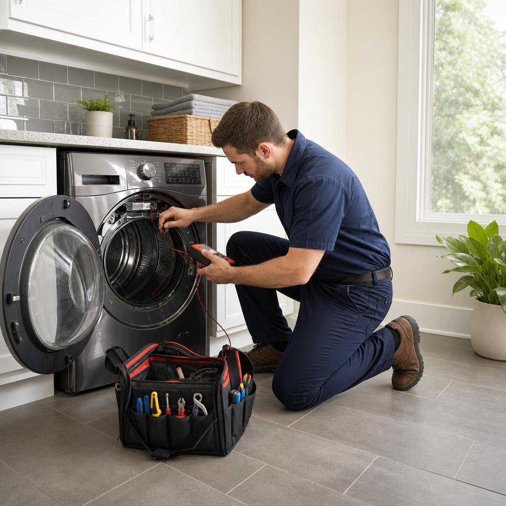 Technician diagnosing a front-loading washing machine